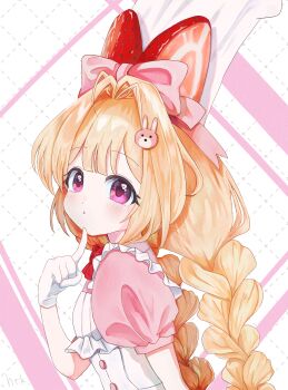 1girl absurdres apron blonde_hair blush bow bowtie braid chef_hat crust_(nikke) dress food-themed_hair_ornament from_side gloves goddess_of_victory:_nikke hair_bow hair_intakes hair_ornament hat highres index_finger_raised long_hair looking_at_viewer parted_lips pink_bow pink_dress purple_eyes rabbit_hair_ornament red_bow red_bowtie solo strawberry_hair_ornament tsuyushiro_hitaki twin_braids upper_body very_long_hair white_apron white_gloves