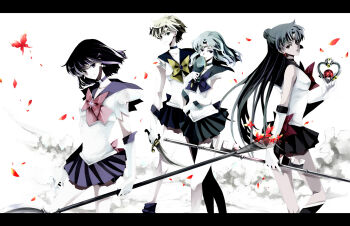 1990s_(style) 4girls bad_id bad_pixiv_id bishoujo_senshi_sailor_moon black_neckwear blonde_hair bob_cut bow brooch choker deep_aqua_mirror earrings elbow_gloves garnet_rod glaive_(polearm) gloves green_hair hair_bun half_updo highres jewelry kaiou_michiru lance letterboxed long_hair magical_girl meiou_setsuna mirror multiple_girls nako nako_(nonrain) outer_senshi petals polearm purple_hair purple_skirt red_bow retro_artstyle rod sailor_neptune sailor_pluto sailor_saturn sailor_senshi sailor_uranus short_hair silence_glaive single_hair_bun skirt space_sword spear staff star_brooch sword talismans ten&#039;ou_haruka tiara tomoe_hotaru weapon white_gloves