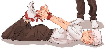 2boys bdsm belt bilateralym black_belt black_hair black_pants blush bondage bound collared_shirt full_body highres hikaru_ga_shinda_natsu indou_hikaru invisible_floor lying male_focus multiple_boys on_stomach out_of_frame pants shirt shirt_tucked_in short_hair short_sleeves simple_background socks standing sweat teeth tongue tsujinaka_yoshiki white_background white_hair white_shirt white_socks