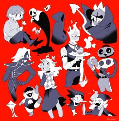 1girl 1other 6+boys animal_ears burger chara_(undertale) clothing_cutout cropped_legs deer_ears deltarune disembodied_hand fire flower food furry furry_female glasses greyscale_with_colored_background grillby highres holding holding_flower holding_plate hood jevil k_k_(deltarune) kanianoreki king_(deltarune) lancer_(deltarune) looking_at_another looking_back medium_hair multiple_boys noelle_holiday open_mouth plate red_background rouxls_kaard signature simple_background sitting spamton_g._spamton tail tail_through_clothes the_original_starwalker tongue tongue_out undertale utdr_(toby_fox) w.d._gaster