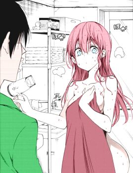 1boy 1girl after_bathing bathroom black_hair blue_eyes bokutachi_wa_benkyou_ga_dekinai breasts collarbone colorized hair_dryer highres holding holding_hair_dryer kirisu_mafuyu large_breasts long_hair looking_at_another naked_towel pink_hair short_hair solo_focus steam thighs third-party_edit towel tsutsui_taishi wet wet_hair yuiga_nariyuki