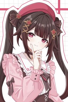 1girl absurdres alternate_costume beret black_choker black_hair bow brown_hair chinese_commentary choker commentary_request hair_ornament hat highres honkai:_star_rail honkai_(series) long_hair long_sleeves looking_at_viewer pink_eyes pink_shirt ribbon shirt smile solo sparkle_(honkai:_star_rail) twintails upper_body yino