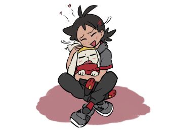 1boy :d antenna_hair black_hair closed_eyes commentary_request gen_8_pokemon goh_(pokemon) grey_footwear grey_shirt heart holding holding_pokemon hug light_blush male_focus medium_hair nintendo open_mouth pants pokemon pokemon_(anime) pokemon_(creature) pokemon_journeys raboot red_socks shirt shoes short_sleeves shuan_0420 sitting smile socks white_background