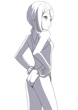 1girl absurdres adjusting_clothes adjusting_swimsuit ass breasts competition_swimsuit cowboy_shot dot_nose forehead from_behind from_side highleg highleg_one-piece_swimsuit highres looking_to_the_side medium_breasts monochrome negimiso1989 one-piece_swimsuit open_mouth original ponytail racerback simple_background single_sidelock smile standing swimsuit thighs white_background