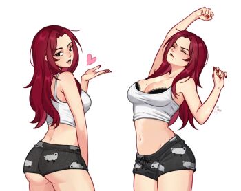 1girl anneecherry armpits artist_logo ass bikini black_bikini black_eyes black_hair blowing_kiss bra breasts cleavage closed_eyes commentary crop_top from_behind heart highres lips logo long_hair looking_back midriff mole mole_on_breast mole_under_mouth navel original pajamas red_hair red_nails sheep shiny_skin shorts smile solo stretching swimsuit underwear untranslatable_commentary