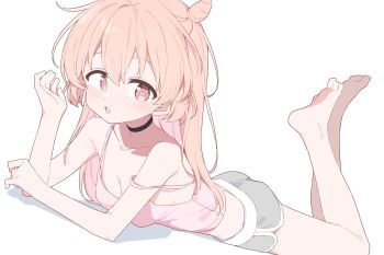1girl :o akazaki_kokoro bare_arms bare_shoulders barefoot black_choker blush breasts camisole choker cleavage collarbone commentary_request commission full_body grey_shorts heart heart-shaped_pupils highres idoly_pride legs_up long_hair looking_at_viewer lying medium_breasts on_stomach open_mouth orange_hair pink_camisole pink_eyes shorts simple_background skeb_commission sleeveless solo strap_slip symbol-shaped_pupils urotsuki_(ku9625) white_background