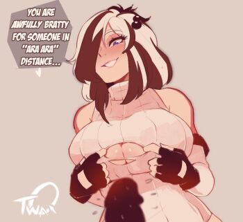 1boy 1girl ara_ara bare_shoulders black_gloves blue_eyes blush borrowed_character breasts brown_hair cleavage cleavage_cutout clothing_cutout commentary detached_sleeves disembodied_penis english_commentary english_text eyelashes fingerless_gloves gen_3_pokemon gloves hair_bobbles hair_ornament hetero imminent_paizuri jojo_reference large_breasts lips looking_at_penis looking_down mature_female multicolored_hair naughty_face nintendo no_bra nyantcha paizuri_invitation penis personification pink_sweater pokemon ribbed_sweater romaji_text short_hair solo_focus speech_bubble sweater tearing_clothes torn_clothes torn_sweater two-tone_hair white_hair you_gonna_get_raped zigzagoon