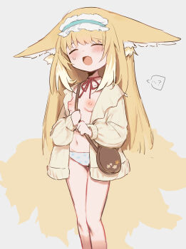 1girl ? absurdres animal_ear_fluff animal_ears arknights bag blonde_hair blush breasts cardigan closed_eyes fox_ears fox_girl fox_tail hairband highres loli long_hair multiple_tails navel nearly_naked_cardigan nipples no_bra no_pants no_shirt open_mouth panties polka_dot polka_dot_panties small_breasts solo spoken_question_mark suzuran_(arknights) tail thighs underwear unitedunti white_cardigan white_panties