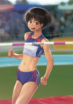 1girl :d abs bare_shoulders bleachers blue_buruma blue_sports_bra blurry blurry_background bob_cut brown_eyes buruma clenched_hands commentary female_focus flat_chest hair_strand high_jump hip_bones midriff navel open_mouth original otsu_natsu short_hair smile solo sports_bra striped track_and_field underwear