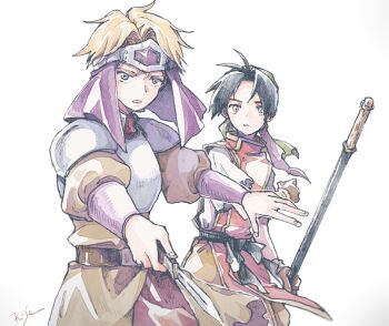 1boy 1girl antenna_hair armor artist_name bandana belt black_belt black_hair blonde_hair breastplate brown_coat brown_eyes brown_gloves brown_pants circlet cleo_(suikoden) coat cowboy_shot forehead_protector gensou_suikoden gensou_suikoden_i gloves gold_trim green_bandana holding holding_knife holding_staff knife michibata_65 pants parted_bangs parted_lips purple_veil red_tunic shirt short_hair shoulder_armor staff tir_mcdohl torn_clothes torn_sleeves tunic veil white_background white_shirt