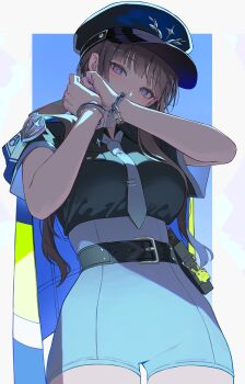 1girl absurdres badge belt black_belt black_shirt blue_background brown_hair capelet collared_shirt commentary cuffed hat high-waist_shorts highres long_hair looking_at_viewer mole mole_under_eye multiple_moles myabit neckerchief original peaked_cap purple_eyes purple_nails shirt shorts solo two-tone_background white_background white_neckerchief white_shorts