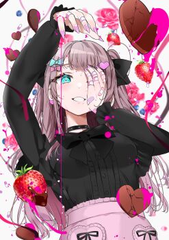 1girl bandaid bandaid_on_finger bandaid_on_hand black_bow black_bowtie black_choker blue_bow blue_eyes bow bowtie breasts buttons candy center_frills chocolate chocolate_heart choker commentary_request covering_one_eye flower food frills fruit grey_hair hair_bow hair_ornament heart heart-shaped_food heart_hair_ornament highres long_hair long_sleeves original ouchi_kaeru pink_bow pink_flower pink_rose pink_skirt purple_nails rose skirt solo strawberry suspenders sweat