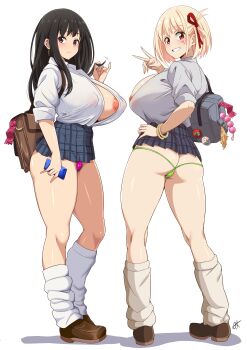 2girls absurdres anal_beads areola_slip bag black_hair blonde_hair bracelet breasts cameltoe cellphone condom earrings female_pubic_hair g-string green_panties gyaru hair_ornament hair_tie hand_on_own_hip heart highres holding holding_bag holding_phone huge_breasts inoue_takina jewelry long_hair lycoris_recoil microskirt multiple_girls nishikigi_chisato panties phone pink_panties pubic_hair purple_eyes red_eyes school_uniform sex_toy short_hair sideboob skirt sleeves_rolled_up socks tavor_(m_tavor) thong underwear v