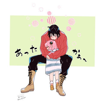 Rule 34 | 1boy, 1girl, absurdres, ahoge, anya (spy x family), awarinko, black hair, black pants, blush, boots, brown boots, closed eyes, closed mouth, dress, fur-trimmed boots, fur trim, green background, hair between eyes, highres, hood, hood down, hooded dress, hug, kneepits, lace-up boots, long sleeves, mutual hug, open mouth, pants, pink hair, puffy long sleeves, puffy sleeves, red eyes, shoe soles, signature, sleeves past wrists, smile, socks, spy x family, striped clothes, striped dress, tiptoes, twitter username, two-tone background, white background, white socks, yuri briar