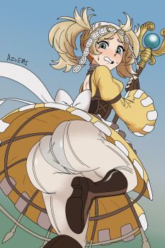 1girl ass ass_focus azureemmi blonde_hair blush boots breasts brown_eyes cameltoe clenched_teeth dress embarrassed fingerless_gloves fire_emblem fire_emblem_awakening from_behind gloves headdress huge_ass lissa_(fire_emblem) long_hair looking_back looking_down medium_breasts nintendo panties panties_under_pantyhose pantyhose sideboob solo staff teeth twintails underwear upskirt