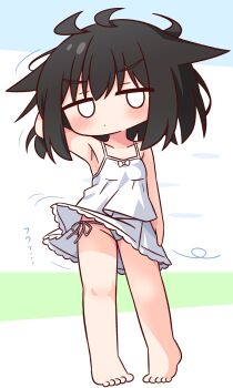 1girl absurdres arm_behind_head arm_up armpits bare_arms bare_legs bare_shoulders barefoot black_hair blank_eyes blush chibi closed_mouth clothes_lift dress dress_lift full_body hana_kazari highres looking_at_viewer original panties side-tie_panties sleeveless sleeveless_dress solo standing underwear white_dress white_panties wind wind_lift