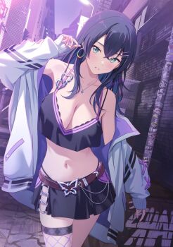 1girl aqua_eyes belt black_hair black_skirt breasts brown_belt cleavage commentary_request crop_top crossed_bangs earrings fishnet_thighhighs fishnets hair_between_eyes hair_ornament hairclip highres hoop_earrings jacket jewelry large_breasts long_hair navel necklace off_shoulder open_clothes open_jacket original pleated_skirt shamakho single_thighhigh skirt sleeves_past_wrists solo standing thigh_strap thighhighs white_jacket