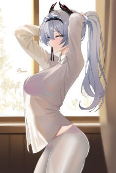 1girl absurdres adjusting_hair arched_back arknights arms_behind_head arms_up bra_visible_through_clothes breasts character_name collared_shirt commentary_request curtains dress_shirt from_side grey_eyes grey_hair head_wings highres indoors irene_(arknights) long_hair long_sleeves looking_at_viewer medium_breasts mouth_hold no_pants pantyhose ponytail remico ribbon ribbon_in_mouth see-through_clothes shirt solo tying_hair white_pantyhose white_shirt window wing_collar wings