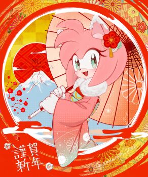 1girl absurdres ameusute1002 amy_rose animal_ears animal_nose commentary_request fang green_eyes hedgehog_girl highres holding holding_umbrella japanese_clothes kimono oil-paper_umbrella open_mouth pink_hair pink_kimono skin_fang smile solo sonic_(series) umbrella