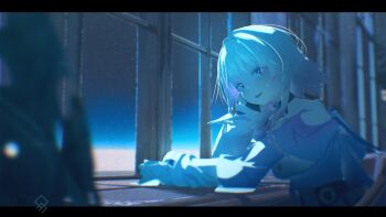 1girl absurdres black_choker black_gloves blue_eyes blue_jacket bra_strap choker clip_studio_paint_(medium) film_grain gloves gradient_clothes gradient_jacket hand_on_own_face highres honkai:_star_rail honkai_(series) jacket long_sleeves making-of_available march_7th_(honkai:_star_rail) march_7th_(preservation)_(honkai:_star_rail) medium_hair off-shoulder_jacket off_shoulder open_mouth partially_fingerless_gloves pink_hair pink_jacket qurami shirt signature solo tied_jacket underbust white_shirt