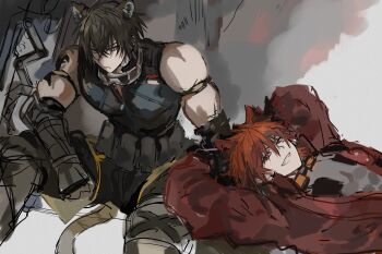 2boys absurdres animal_ears arknights bare_shoulders black_gloves black_hair black_pants black_shirt broca_(arknights) brown_hair cat_boy cat_ears cat_tail chiave_(arknights) closed_mouth collar fox_boy fox_ears gloves goggles goggles_around_neck grin hair_between_eyes highres jacket looking_at_viewer lying male_focus multiple_boys on_back orange_hair pants red_eyes red_jacket shirt short_hair sitting sketch sleeveless smile tail tattoo toramaru_(696anna)