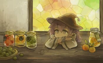 1girl arms_on_table black_hat bracelet bright_pupils crossed_arms food fruit hat hat_ornament head_rest highres indoors jar jewelry koki08186863 long_hair long_sleeves original peach purple_hair robe sitting solo stained_glass star_(symbol) star_hat_ornament strawberry table upper_body white_robe witch_hat