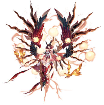 Rule 34 | 1girl, absurdres, bird, breasts, brown eyes, brown hair, detached sleeves, dress, feathered wings, fiery wings, full body, highres, medium breasts, open mouth, solo, starward, thighhighs, white background, white dress, wings, zhu fun