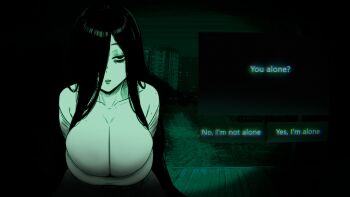 Rule 34 | 1girl, bags under eyes, black hair, breasts, cleavage, closed mouth, collarbone, dialogue box, dialogue options, dress, english text, ghost girl, green theme, greyscale, hair over one eye, highres, large breasts, long hair, long sleeves, looking at viewer, lughost, monochrome, night, no i'm not a human, parody, porch, pov peephole, scar, scar on face, scar on lip, scar on mouth, simple background, smile, solo, the ring, very long hair, white dress, yamamura sadako