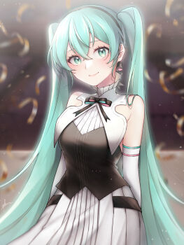 Rule 34 | 1girl, absurdres, after0217, aqua eyes, aqua hair, arms behind back, black ribbon, blush, bow, breasts, chair, closed mouth, collar, commentary request, dress, elbow gloves, frilled skirt, frills, gloves, hair ornament, hatsune miku, highres, long hair, long skirt, looking at viewer, miku symphony (vocaloid), ribbon, skirt, sleeveless, sleeveless dress, smile, twintails, upper body, very long hair, vocaloid, white collar, white gloves, white skirt