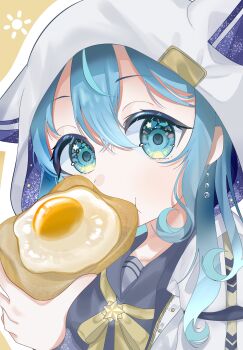1girl animal_hood blue_eyes blue_hair bread cat_hood commentary_request eating egg food highres hololive hood hood_up hooded_jacket hoodie hoshimachi_suisei hoshimachi_suisei_(sailor) jacket official_alternate_costume star_(symbol) star_in_eye symbol_in_eye virtual_youtuber