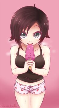 1girl breasts cslucaris eating female_focus food grey_eyes holding holding_food ice_cream large_breasts licking looking_at_viewer midriff navel pajamas popsicle ruby_rose rwby sexually_suggestive solo sweat tongue tongue_out tumblr_username