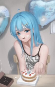 1girl absurdres ahoge arahashi_tabi blue_eyes blue_hair cake camisole closed_mouth commentary double-parted_bangs english_commentary food food_bite food_on_face hair_ornament hairclip hand_up highres indoors jewelry jewelry_box long_hair long_sidelocks looking_at_viewer necklace parallel_hairclips sidelocks solo spaghetti_strap speech_bubble squdora stellive straight-on straight_hair striped_camisole table tongue tongue_out unworn_jewelry unworn_necklace virtual_youtuber