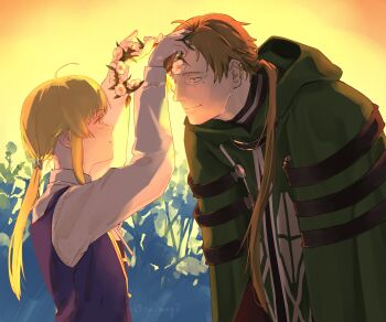 Rule 34 | 1boy, 1girl, ahoge, blonde hair, cloak, collared dress, day, dress, father and daughter, flower, flower wreath, green cloak, green eyes, head wreath, height difference, highres, hood, hooded cloak, leaning forward, light smile, long hair, long sleeves, looking at another, low ponytail, mole, mole under eye, mushoku tensei, norn greyrat, paul greyrat, plant, ponytail, short bangs, sidelocks, smile, standing, sunset, tokita (mag0)