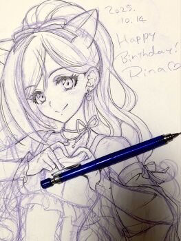 Rule 34 | 1girl, animal ears, cat ears, commentary request, dated, dress, earrings, fujimoto rina, hair ribbon, happy birthday, heart, heart earrings, heart hands, high ponytail, highres, idolmaster, idolmaster cinderella girls, idolmaster cinderella girls starlight stage, jewelry, light blush, long hair, looking at viewer, marine (confeitokobo), multiple earrings, neck ribbon, ponytail, ribbon, sketch, smile, solo, solo focus, unfinished