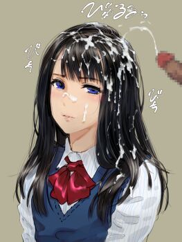 Rule 34 | 1boy, 1girl, artist request, black hair, blue eyes, censored, cum, cum on body, cum on hair, cum on upper body, dokiyuri, ejaculation, facial, hetero, long hair, looking at viewer, mosaic censoring, original, penis, school uniform, simple background, solo focus