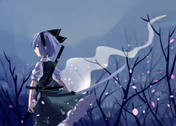 1girl bare_tree black_bow black_hairband blue_background bow closed_mouth collared_shirt falling_petals frilled_skirt frills furahata_gen green_eyes green_shirt green_skirt hairband hand_on_sheath highres hitodama_print holding holding_sword holding_weapon konpaku_youmu looking_at_viewer looking_back petals shirt skirt sleeve_cuffs solo sword touhou tree weapon white_shirt
