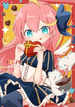 Rule 34 | 1girl, :p, artist name, bear, blonde streaks, blue bow, blue dress, blue thighhighs, blush, border, bow, box, chizu (421ooouy), chocolate, closed mouth, commentary request, dot nose, double-parted bangs, dress, feet out of frame, frilled dress, frills, green eyes, hair between eyes, hair bow, heart, heart-shaped box, highres, holding, holding box, long hair, looking at viewer, megurine luka, mixing, mixing bowl, multicolored hair, outline, outside border, pink hair, polka dot, polka dot background, red border, short dress, short sleeves, smile, solo, streaked hair, striped clothes, striped dress, thighhighs, tongue, tongue out, twitter username, valentine, vertical-striped clothes, vertical-striped dress, vocaloid, watermark, whisk, white outline, yellow background, yellow bow, zettai ryouiki