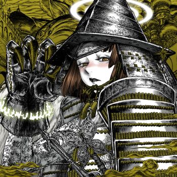 1girl absurdres armor blush brown_eyes brown_hair clawed_gauntlets commentary gauntlets green_background hashtag-only_commentary helmet highres japanese_armor kyushime limited_palette looking_at_viewer multiple_weapons original palace shoulder_armor sode solo weapon