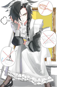 1girl absurdres air_shakur_(umamusume) alternate_costume animal_ears apron black_dress black_hair black_nails black_shoes bow braid bucket closed_mouth commentary_request dress enmaided eyebrow_piercing face_piercing glove_in_mouth gloves grey_background hair_bow hair_over_one_eye highres horse_ears horse_girl long_hair long_sleeves looking_at_viewer maid maid_apron maid_headdress moheji_(user_gywn2472) mop mouth_hold picture_frame piercing shoes simple_background sitting solo speech_bubble umamusume white_apron white_bow white_dress white_headdress x_(symbol) yellow_eyes