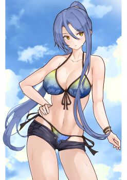 Rule 34 | 1girl, absurdres, bikini, bikini bottom under shorts, bikini under clothes, blue bikini, blue sky, border, bracelet, breasts, cleavage, cloud, commentary request, commission, cowboy shot, denim, denim shorts, double-parted bangs, eiyuu densetsu, floral print, floral print bikini, front-tie bikini top, front-tie top, hair between eyes, hand on own hip, high ponytail, highres, jewelry, large breasts, laura s. arseid, long hair, long single sidelock, looking at viewer, navel, outdoors, parted lips, partially unzipped, pillarboxed, ponytail, print bikini, sen no kiseki, sen no kiseki (series), sen no kiseki iv, shorts, side-tie bikini bottom, single sidelock, skeb commission, sky, smile, solo, stomach, sweatdrop, swimsuit, upper body, very long hair, white border, yellow eyes, yotsuha uni