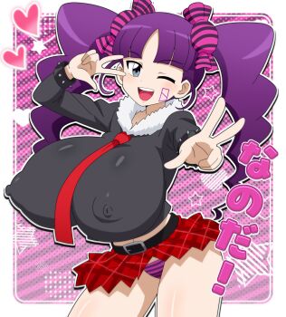 1girl absurdres belt black_belt black_shirt border bracelet breasts candy_hair_ornament commentary_request covered_erect_nipples double_v duel_masters facial_tattoo food-themed_hair_ornament fur-trimmed_shirt fur_trim grey_eyes hair_ornament heart highres hitokiwa_kenchin huge_breasts jewelry long_hair long_sleeves looking_at_viewer midriff navel necktie one_eye_closed open_clothes outside_border panties plaid_clothes plaid_skirt puramai_rei purple_hair red_necktie red_skirt shirt skirt smile solo spiked_bracelet spikes star_(symbol) striped_clothes striped_panties tattoo teeth translation_request twintails underwear upper_teeth_only v v_over_eye white_border