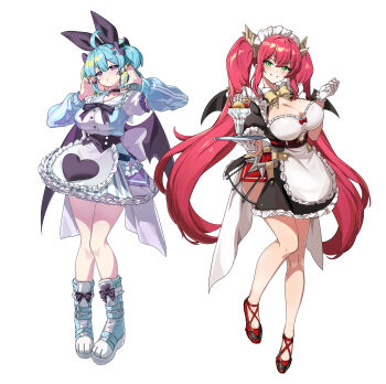Rule 34 | alternate costume, apron, bat wings, black dress, blue eyes, blue hair, blush, bow, breasts, cleavage, commentary request, dress, duel monster, ebi bento, evil twin ki-sikil, evil twin lil-la, frilled apron, frills, gloves, green eyes, hair bow, highres, ki-sikil (yu-gi-oh!), large breasts, lil-la (yu-gi-oh!), long hair, looking at viewer, maid, maid apron, open mouth, pink hair, puffy short sleeves, puffy sleeves, purple eyes, short sleeves, simple background, smile, thighhighs, unconventional maid, waist apron, white apron, white background, white headdress, wings, yu-gi-oh!