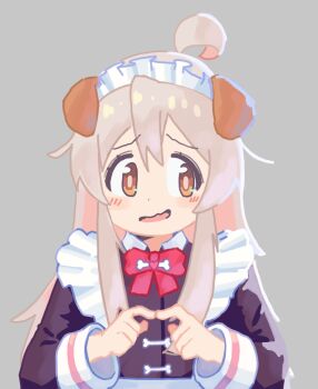 1girl ahoge animal_ears blush brown_eyes commentary dog_ears grey_background hair_between_eyes highres kemonomimi_mode long_hair long_sleeves looking_away looking_to_the_side maid maid_headdress onii-chan_wa_oshimai! open_mouth oyama_mahiro pink_hair schuler sidelocks simple_background solo twiddling_fingers upper_body wavy_mouth