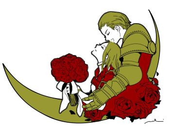 1boy 1girl armor bouquet breasts cloak closed_eyes couple crescent delita_heiral dress final_fantasy final_fantasy_tactics flower hair_slicked_back hetero holding holding_bouquet limited_palette long_hair medium_breasts metal_gloves mochi_(hanamaruudondesu) open_mouth ovelia_atkascha parted_bangs parted_lips pauldrons red_cloak red_flower red_rose rose shoulder_armor signature smile upper_body white_background white_dress