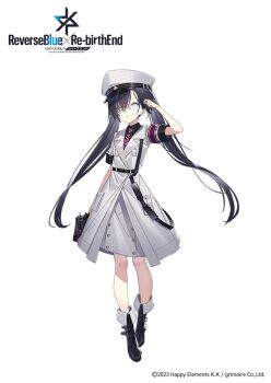 1girl armband artist_request belt black_belt black_boots black_hair black_shirt boots check_artist collared_shirt copyright_logo full_body grey_eyes hat highres jacket logo long_hair military_hat military_uniform minus_(reverseblue) mk_(masatusaboten) necktie peaked_cap red_armband red_necktie reverseblue_x_re-birthend shirt skirt solo striped_clothes striped_necktie twintails white_hat white_jacket white_skirt