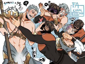 2boys abs afterimage annoyed bara beard benzpanoi biting biting_cheek collage connected_beard coral_island couple diving_suit facial_hair farmer_(coral_island) forced grey_hair heart highres interspecies large_pectorals male_focus mature_male merman monster_boy multiple_boys muscular muscular_male mustache navel nipples original pectorals rejected_kiss semeru_(coral_island) short_hair strangling turn_pale yaoi