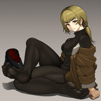 1girl absurdres black_pantyhose black_shoes black_sweater blonde_hair bomber_jacket breasts brown_jacket clenched_teeth commentary_request fear_&amp;_hunger_(series) fear_&amp;_hunger_2:_termina from_side full_body gradient_background grey_background highres jacket karin_(fear_&amp;_hunger) large_breasts looking_at_viewer minami_no_uo-za no_pants no_shoes off_shoulder open_clothes open_jacket pantyhose ponytail shoes sitting solo sweater teeth unworn_shoes yellow_eyes