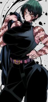 Rule 34 | 1girl, belt, black jacket, black pants, black shirt, breasts, green hair, grey background, hand on own hip, holding, holding jacket, holding unworn clothes, jacket, jujutsu kaisen, kinakomochi (user vedc2333), large breasts, looking at viewer, looking to the side, pants, pink belt, scar, scar on arm, scar on face, shirt, short hair, sleeveless, sleeveless shirt, standing, unworn jacket, yellow eyes, zen'in maki