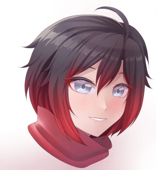 1girl ahoge black_hair commentary cropped_head english_commentary eyelashes gradient_hair grey_eyes highres multicolored_hair red_hair redrawn ruby_rose rwby simple_background smile solo teeth white_background zephylyne