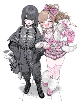 Rule 34 | 2girls, bag, black hair, blush, boots, bow, chain, closed eyes, collar, fishnets, fur trim, hair bow, heart, highres, jacket, jewelry, long sleeves, multiple girls, nail polish, necklace, open mouth, original, pink bow, pleated skirt, polka dot, skirt, smile, thighhighs, v, wolrero